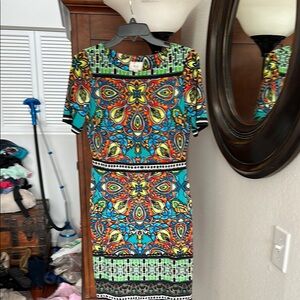 Blue and Brown Sheath Midi Dress with Crew Neck for Work